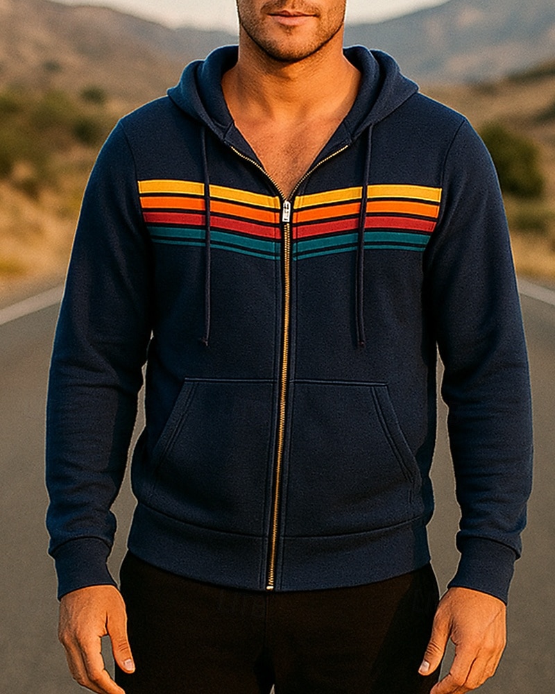 Homens Riscas Moletom com capuz Moletom com zíper Outono/Inverno Com Cordão Manga Longa Roupa Esportiva Quente Da Moda Equitação Corrida Viagem Férias Ioga Preto Branco Azul Roupa de esporte Roupas de 2026 por $26.99 –P5