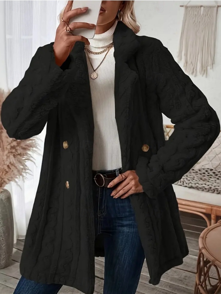 Dames Fleecejack Teddy jas Houd Warm Ademend Zak Met fleece gevoerd Casual Effen Vakantie Straat Casual Alledaagse kleding Dubbele rij knopen Lang Ingesneden revers Normale pasvorm Lange mouw 2025 - $44.99 –P18