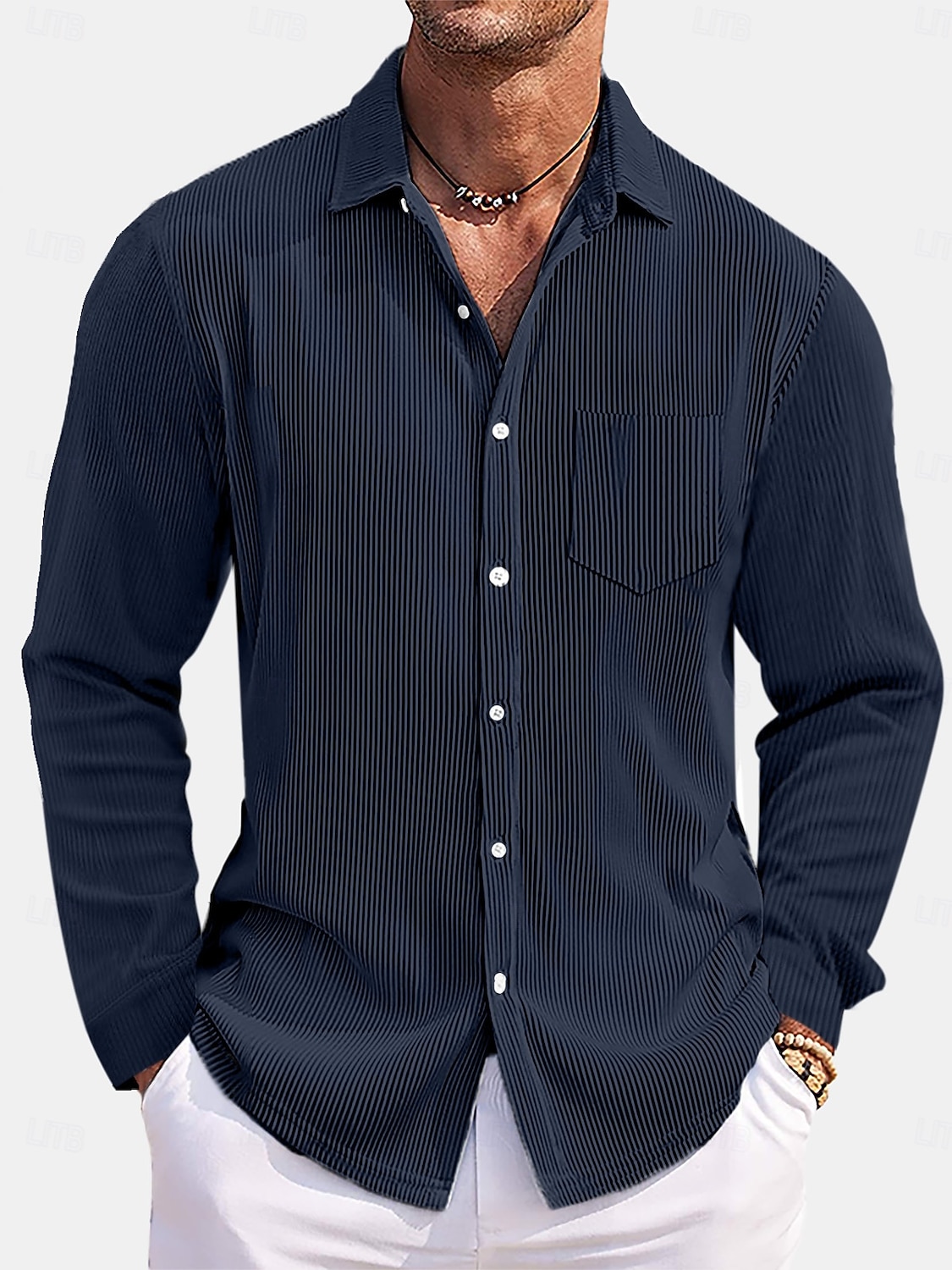 Hombre Camisa Camisa casual Camisa de Pana Abotonar la camisa Azul Marino Manga Larga Plano Cuello Vuelto Casual Exterior Bolsillo Ropa Moda Casual 2026 - $29.99 –P2