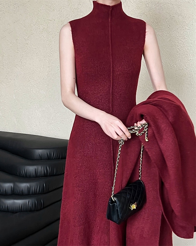 Damen Langes Kleid Maxikleid Strickkleid Freizeitkleid Kleid-Set Elegant Mode Modern Outdoor Täglich Ausgehen Normale Passform Einfach Langarm Hoher Ausschnitt Stehkragen Rote Winter Herbst 2025 - $56.99 –P2