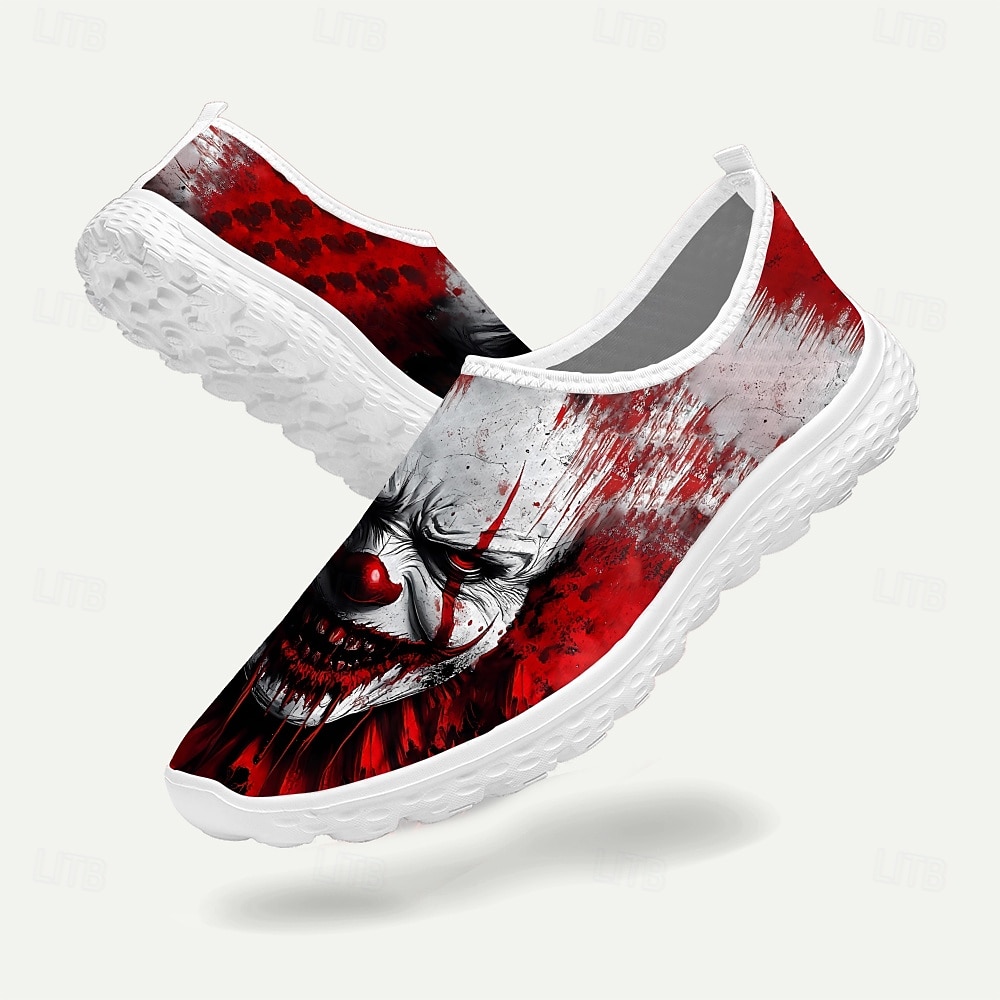 Baskets à enfiler pour hommes avec imprimé visage de clown effrayant, chaussures décontractées de style horreur pour costume d'Halloween et marche de 2025 ? $29.99 –P1