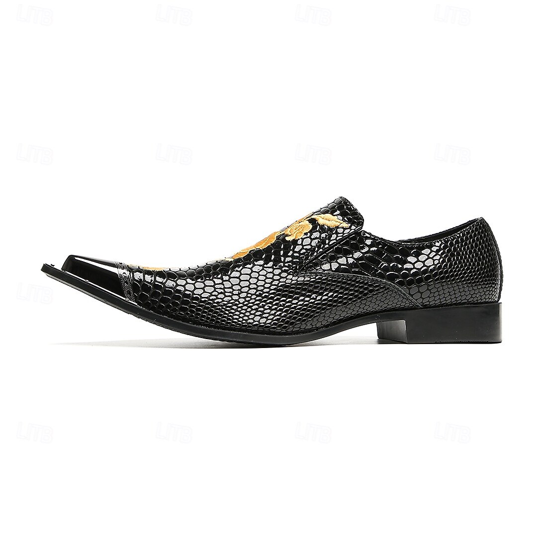 Pantofi eleganți bărbătești din piele naturală de vacă, cu model de crocodil negru și broderie aurie – mocasini formali de lux pentru afaceri, nunți și banchete 2026 - $119.99 –P3