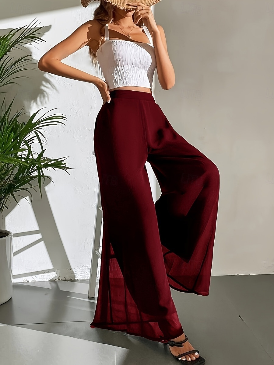 Mulheres Perna larga chinês Moda Roupa de rua Básico Comprimento total Cintura Alta Tecido Cintura elástica Confortável Macio Com Stretch Ao ar livre Rua Casual Marron Escuro Vinho Preto Branco Verão de 2025 por $26.99 –P5