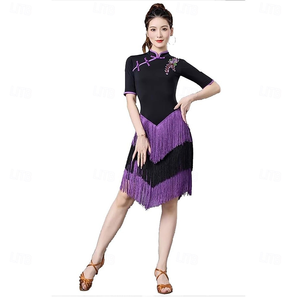 Robe de compétition de danse latine à franges pour femmes, cheongsam, pompons, jupe d'entraînement de valse, cha cha salsa de 2025 ? $125.99 –P1