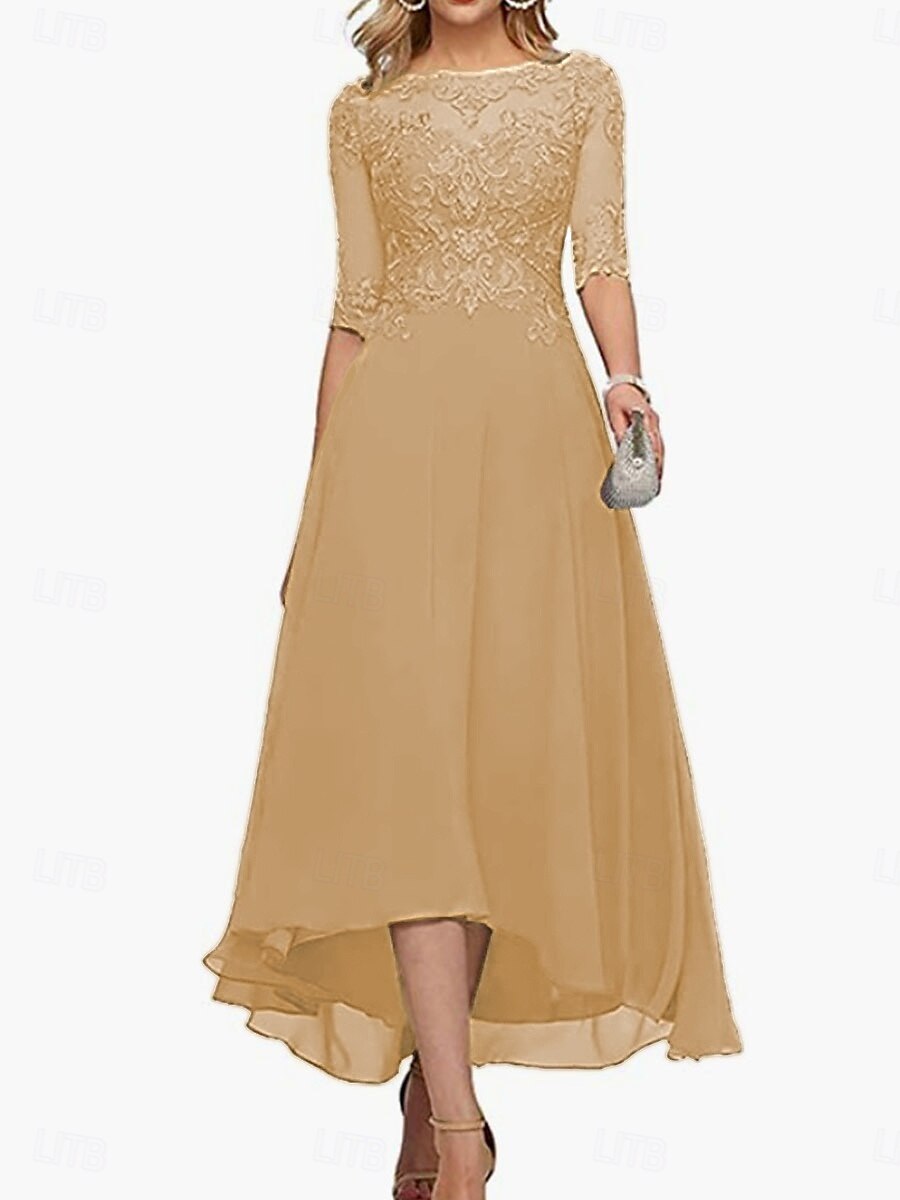 Robe A-Line mère de la mariée invitée de mariage formelle élégante col rond longueur de sol en chiffon à demi-manches avec couleur unie de 2025 ? $139.99 –P14