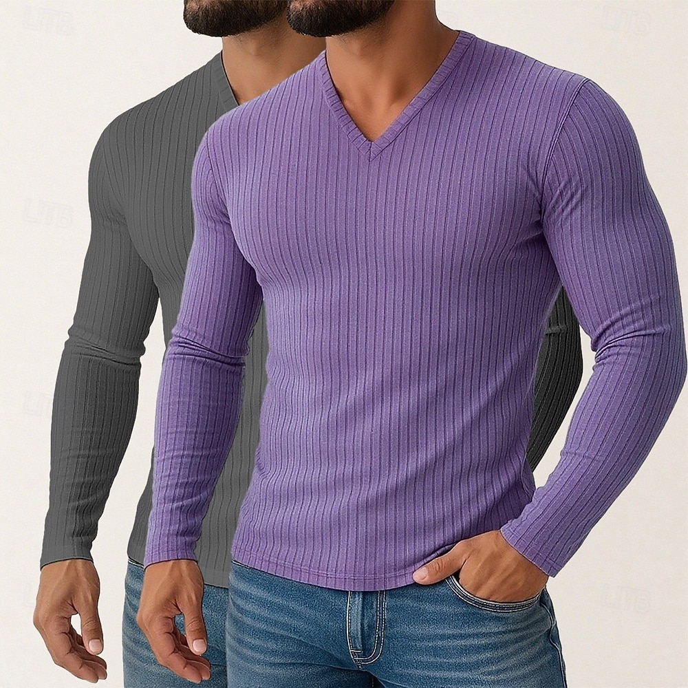 Homme T-shirt Débardeur Musclé T-shirt en tricot côtelé Chemise à Manches Longues manche longue Col en V Printemps Automne Hiver Uni Bande de Fosse Mode Designer Basique 2 pièces Tricot Pack multiple de 2026 ? $31.99 –P3