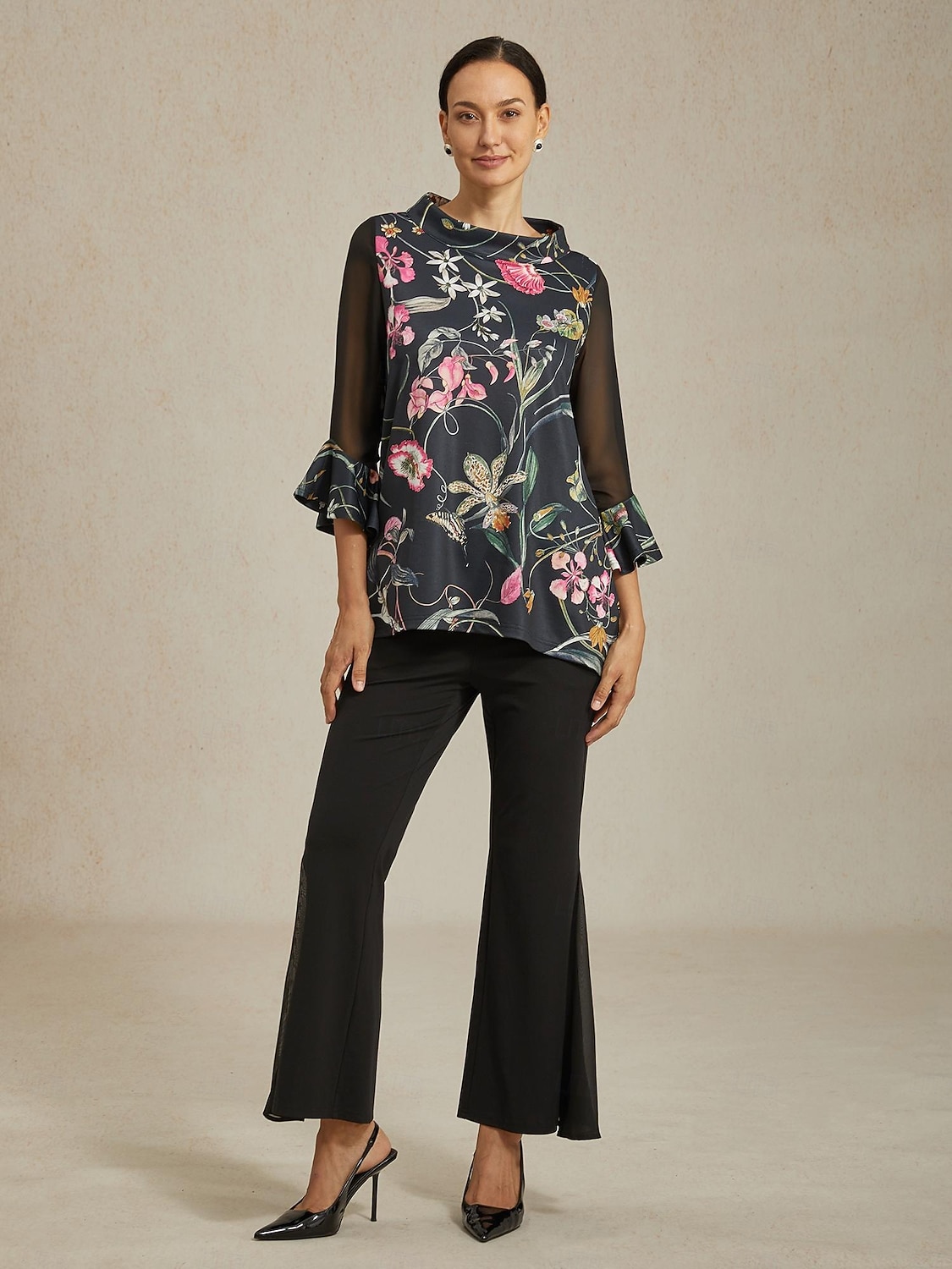 Damenbluse schwarz Blumendruck Stretch Chiffon Ärmel Bateau-Ausschnitt lässig täglich Frühling Sommer Herbst 2025 - $61.99 –P1