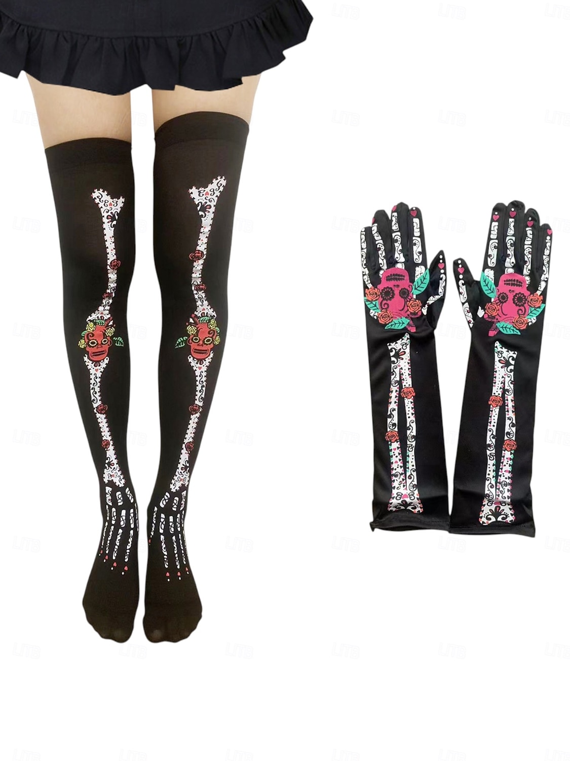 Women's Halloween Skeleton Leggings and Gloves Set - Dia de los Muertos Sugar Skull Design for Halloween Costume Party 2025 - $14.99 –P1