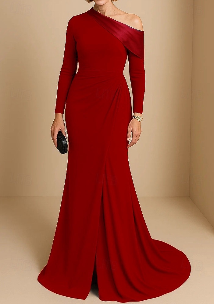 A-Line Sheath Column Sweep Brush Train Prom Dresses Evening Gown Ball Gown Formal Dress Elegant Glittering Celebrity Style Long Sleeve One Shoulder Garden Party Wedding Satin Stretch Satin with Ruched 2026 - $172.99 –P6