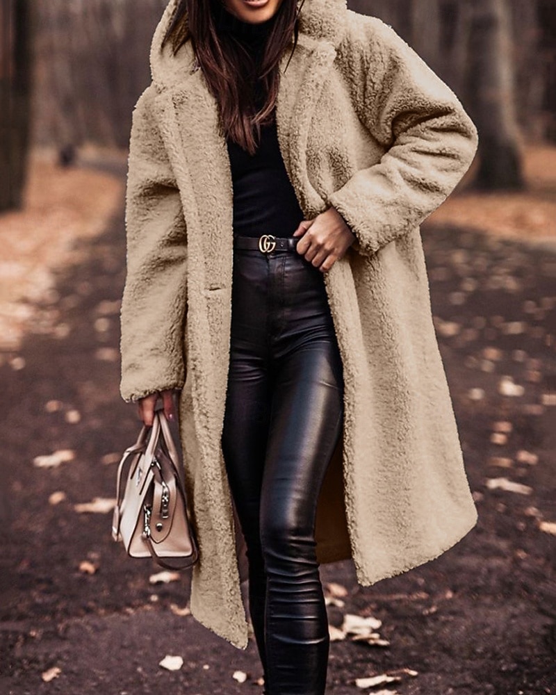 Dames Winterjas Fleecejack Houd Warm Comfortabel Zak Knop Modieus Casual Effen Vakantie Straat Casual Alledaagse kleding Enkele rij knopen Lang Capuchon Normale pasvorm Lange mouw bovenkleding 2025 - $43.99 –P3