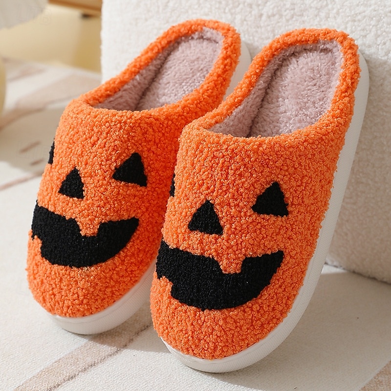 útulné podzimní halloweenské pantofle, roztomilé kreslené dýňové plyšové domácí boty, vtipné chlupaté domácí pantofle, teplé zimní domácí pantofle pro ženy a muže 2025 - $13.99 –P1