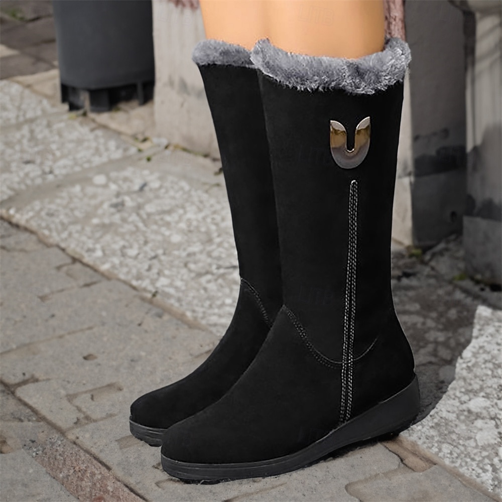 bottes d'hiver en daim noir pour femmes avec doublure en fausse fourrure et fermeture éclair latérale - bottes mi-mollet chaudes et élégantes pour temps froid de 2026 ? $42.99 –P2