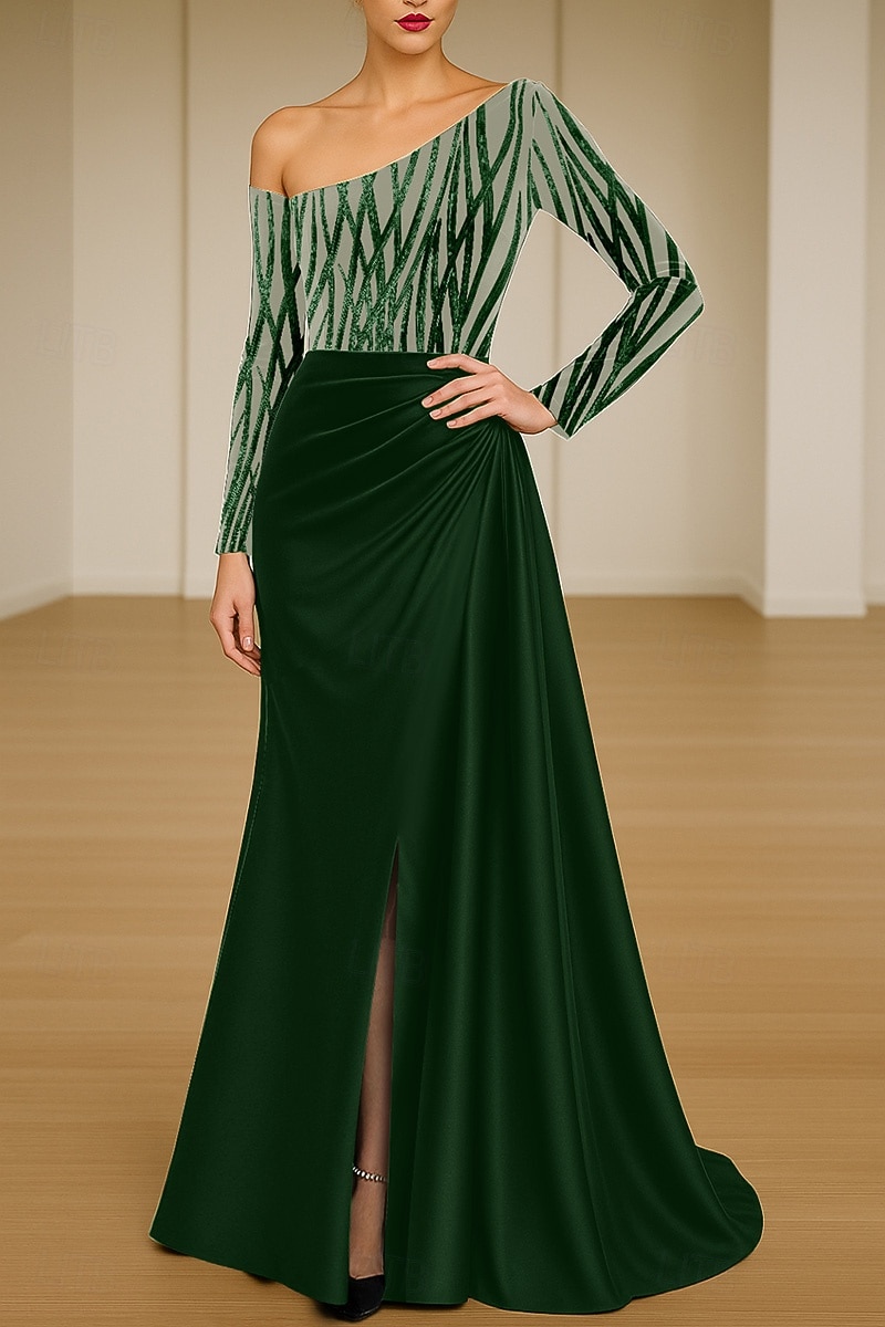 Linha A Vestidos de noite Elegante Traje formal Formal Casamento Cauda Escova Manga Longa Assimétrico Cetim com Pregas Franzido 2025 de 2025 por $159.99 –P4