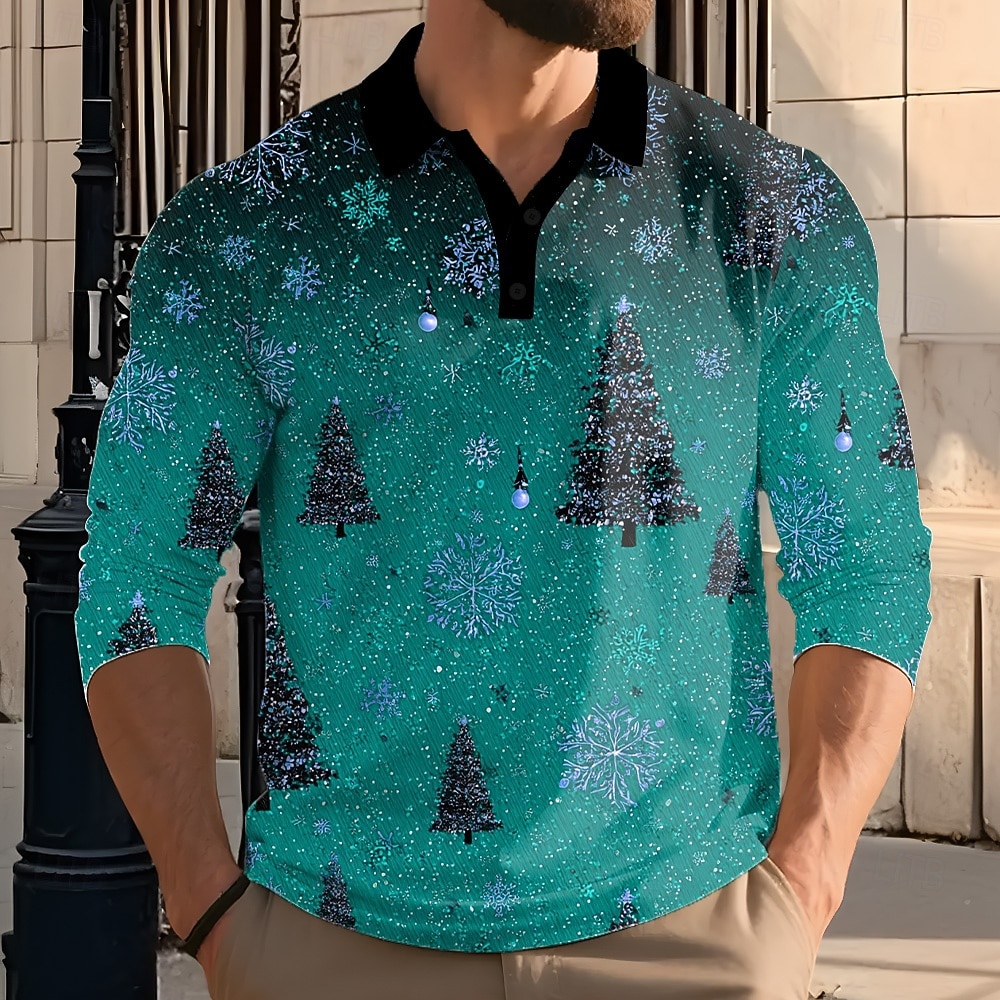 Jul Herr Lyktor Polo Långärmad Polotröjor Kavajslag Ledigt Utomhus Gata Fritids- Festival outfit 3D-utskrift Knappar Vår Höst Vinter Rubinrött Purpur Grön 2025 - $22.99 –P4