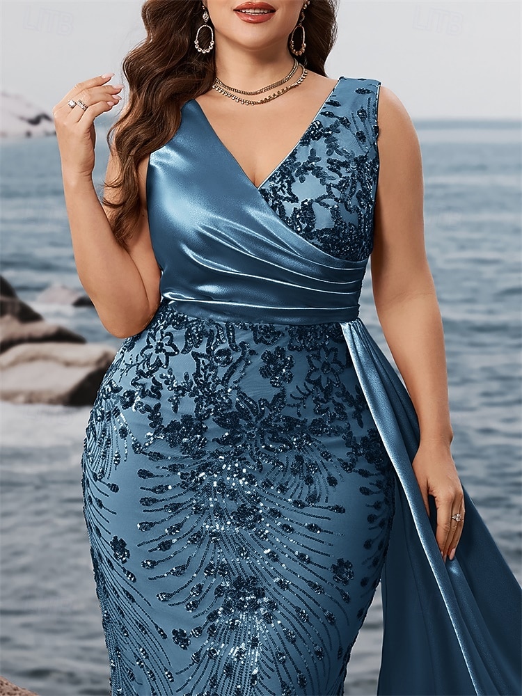 sereia / trompete vestido de noite vestido formal brilhante festa à noite roupa de festa comprimento longo sem mangas decote em v capas com lantejoulas costas em v com xale de lantejoulas de 2025 por $147.99 –P4
