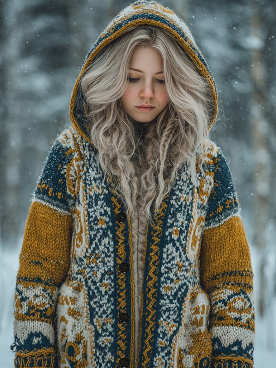 viking boho damkofta vintage vardag etnisk stil geometrisk färg tonad ribbad huva fickor knappar tryck långärmad långa toppar stickad utomhus helg gul blå höst vinter 2025 - $45.99 –P2