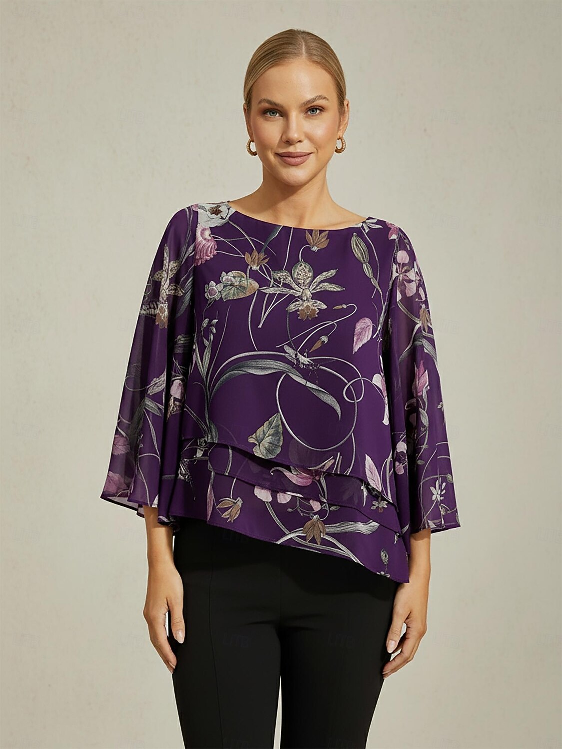 chemisier femme en mousseline transparente imprimé floral violet foncé manches mi-longues ourlet superposé col rond pull de 2025 ? $61.99 –P3
