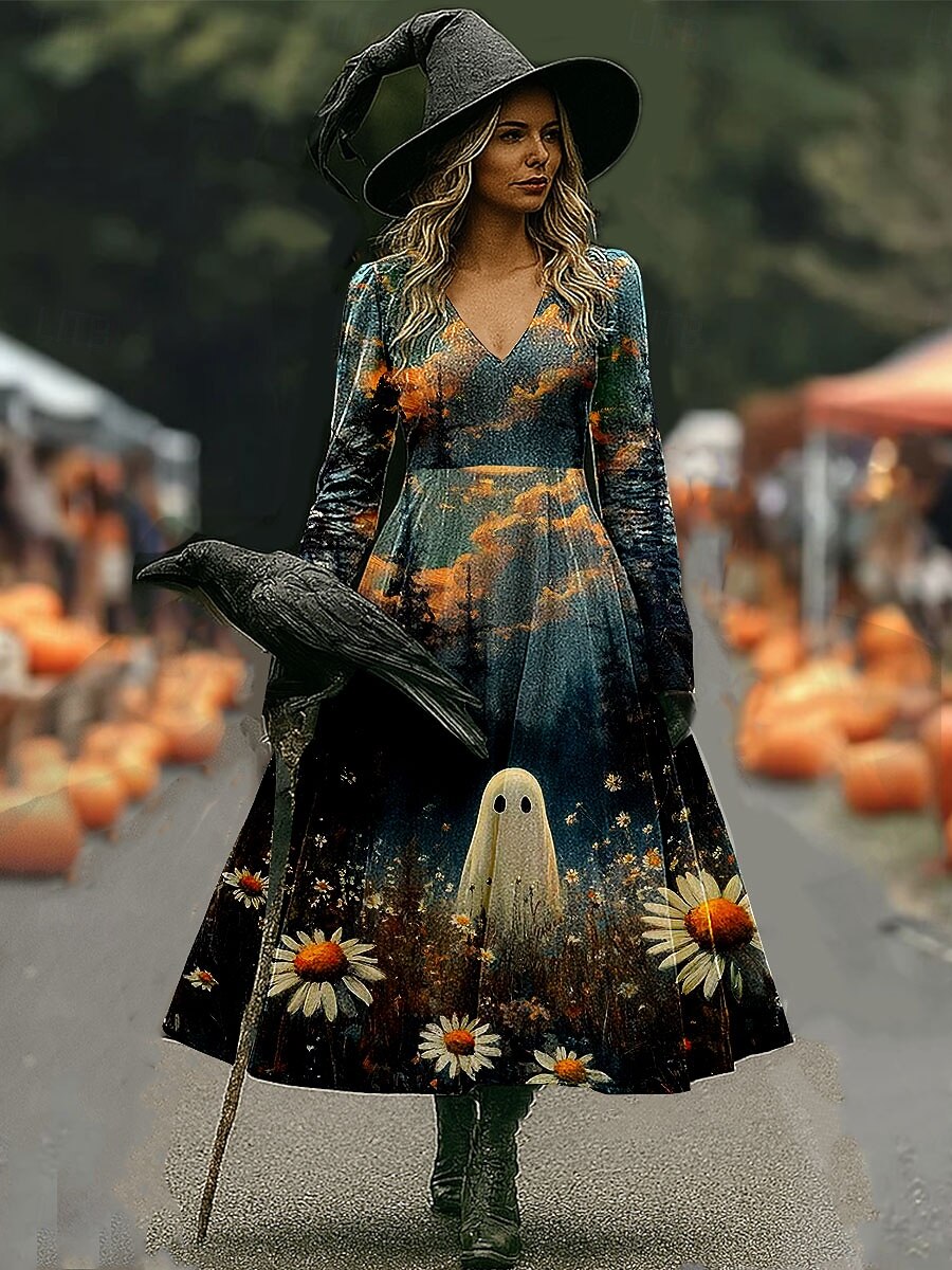 Halloween Naisten Midimekko A linjainen mekko Loma Vapaa-aika Häät Juhla Syntymäpäivä Normaali Kukka Kuvitettu Ruusu 3/4 hiha V kaula-aukko Keltainen Punastuvan vaaleanpunainen Sininen Oranssi Kevät 2025 - $33.99 –P3