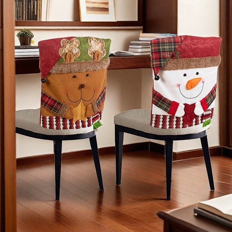 Fundas para sillas navideñas, nuevo Papá Noel de peluche &Fundas de asiento de muñeco de nieve, fundas festivas para sillas de comedor, decoración del hogar de estilo europeo 2025 - $10.99 –P3