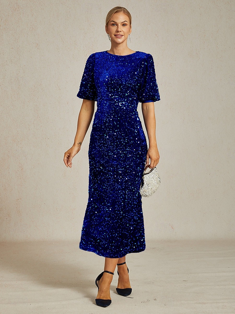 Women's Sequins Maxi Dress Sheath Dress A Line Dress Puff Sleeve Dress Party Birthday Party Regular Fit Solid Color Short Sleeve Crew Neck Royal Blue Spring Fall Winter 2025 - $169.99 –P6