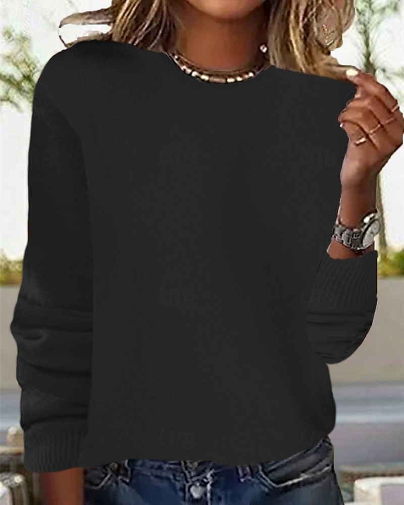 Dam Tröja Ledigt Mjukt Ren färg Ribbad Rund hals Stickat Långärmad Vanliga toppar Sticka Utomhus Dagligen Helgen Svart Vit Höst Vinter 2026 - $26.99 –P2