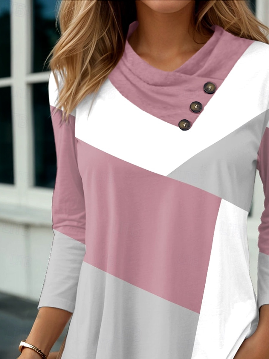 Dame Tunika Grafisk Geometrisk Geometri Stilfull Fritid Langermet Cowl-hals V-hals Vanlige topper Daglig Knapper Trykt mønster Rosa Himmelblå Kakifarget Vår Høst Vinter 2025 - $24.99 –P2