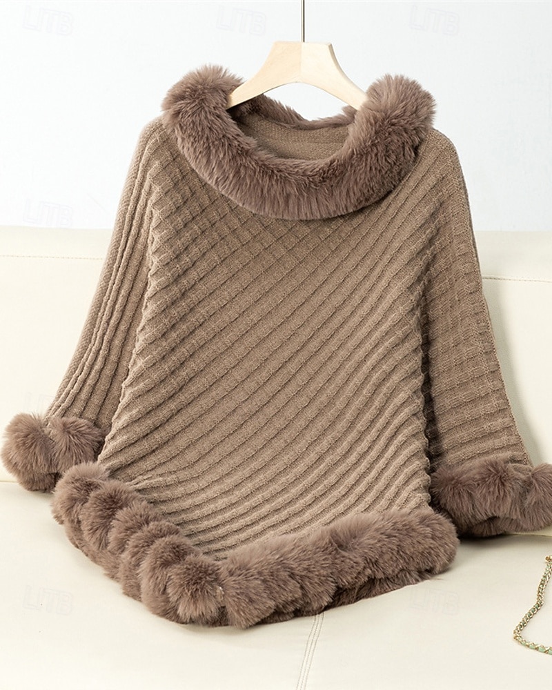 Damen Pullover Schultertuch Elegant Mode Streetwear Einfarbig Gerippt Rollkragen Gestrickt Asymmetrischer Saum Kunstpelzbesatz Halbarm Normale Oberteile Stricken Outdoor Täglich Wochenende Weinrot 2025 - $39.99 –P8