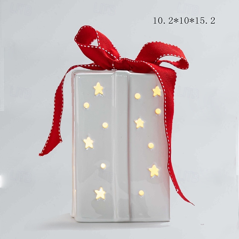 Christmas bow ribbon ceramic translucent pentagonal LED gift box decorative light indoor bedroom study dining room party desktop decoration light LR44 battery 11CM 2025 - CAD $14.99 –P3