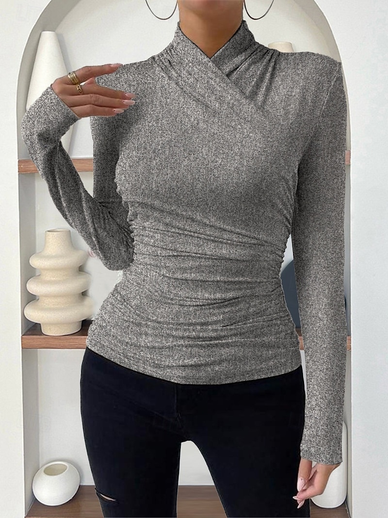 Damen Bluse Einfarbig Stilvoll Lässig Langarm V Ausschnitt Normale Oberteile Täglich Gerafft Schwarz Weiß Aprikose Grau Frühling Herbst Winter 2025 - $15.99 –P11