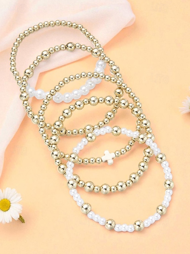 Women's Pearl and Gold Bead Bracelet Set – 6Pcs Stretch Layered Beaded Bangles, Elegant Fashion Jewelry for Parties, Weddings & Daily Wear 2026 - $7.99 –P5