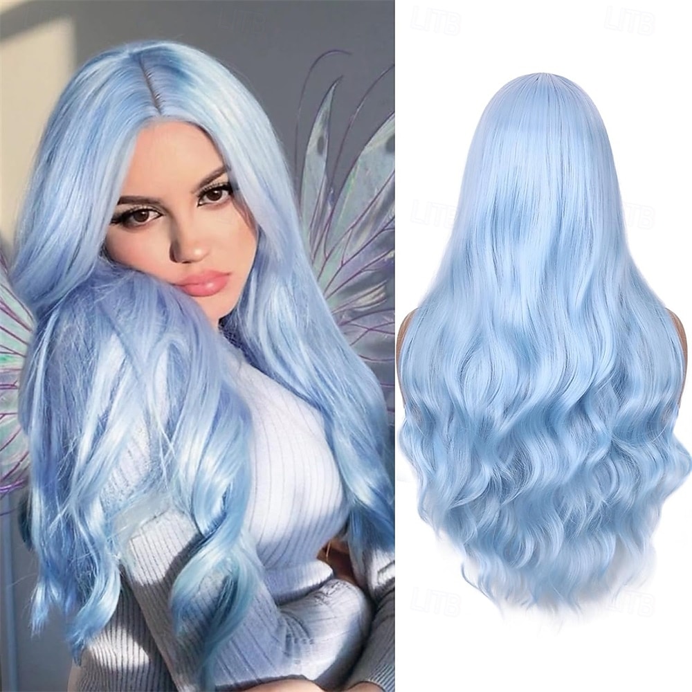 parrucca blu lunga parrucca azzurra per donna in fibra sintetica resistente al calore onda completa 3d colore alla moda per cosplay &uso quotidiano del 2026 a $21.99 –P1