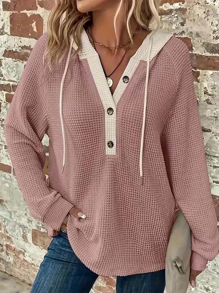 Mujer Blusa Retazos Botones Color sólido Elegante Casual Manga Larga Con Capucha Tops regulares Diario Negro Blanco Rosa Gris Primavera Otoño Invierno 2026 - $33.99 –P8