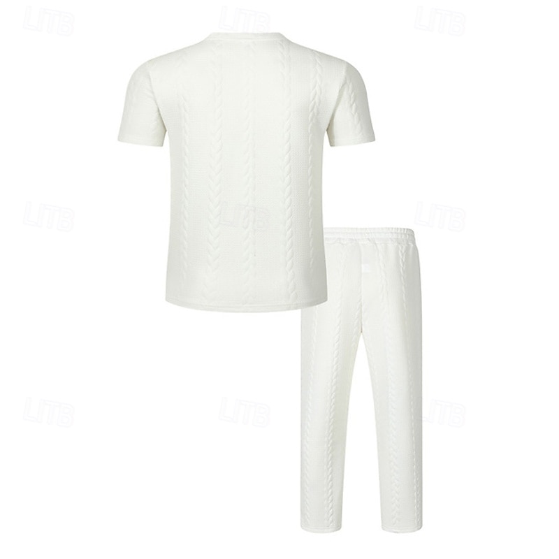 Bărbați Costume de tricou Seturi de cămașă și pantaloni tinute 2 piese Manșon scurt Crewneck Vară Primăvară Simplu Modă Casual Jacquard 2 bucăți Vacanță Purtare Zilnică Ieșire Negru Alb Kaki Top 2026 - $34.99 –P3
