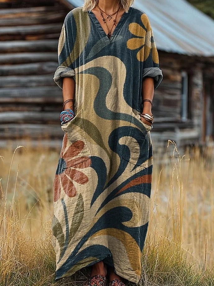 Damen Maxikleid Sommerkleid A Linie Kleid Urlaub Lässig Boho Geburtstag Täglich Ferien Lässiger Schnitt Blumen Langarm V Ausschnitt Marineblau Leicht Braun Blau Violett Frühling Herbst 2025 - $38.99 –P6