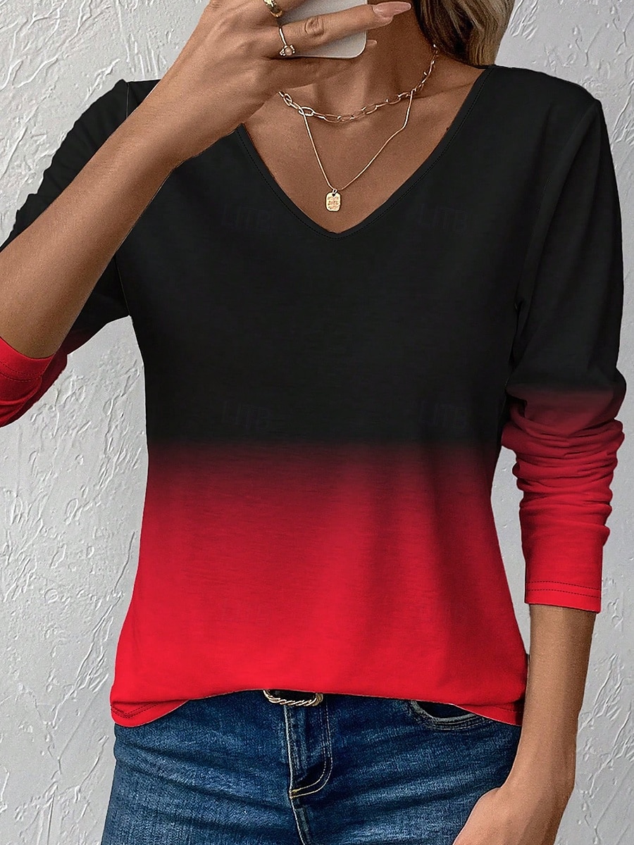 Per donna Maglietta Stampato Ombre Grafico Vintage Elegante Classico Manica Lunga Scollo a V Top Regolari Quotidiano Blu Rosso Viola Arancione Verde Primavera Autunno Inverno del 2026 a $24.99 –P1