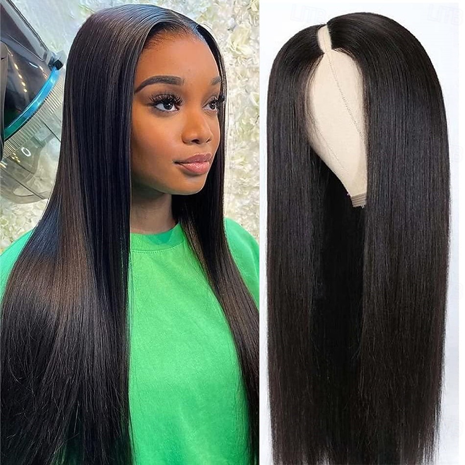parrucche con parte a V, capelli umani lisci, parrucche brasiliane con capelli umani per donne nere, parrucche con parte a U, senza cuciture, senza colla, mezze parrucche, capelli umani, densità 180%, del 2025 a $94.99 –P1