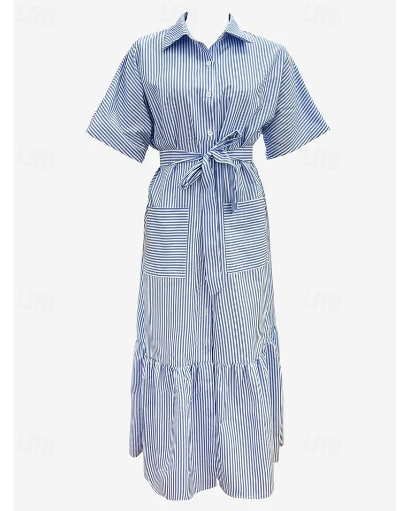 Per donna Abito Lungo Maxi Abito Abito Camicia Moderno Quotidiano All'aperto Vacanza Vestibilità regolare A righe Manica Corta Girocollo Colletto a Camicia Blu Magenta Nero Rosa Primavera Autunno del 2026 a $29.99 –P6