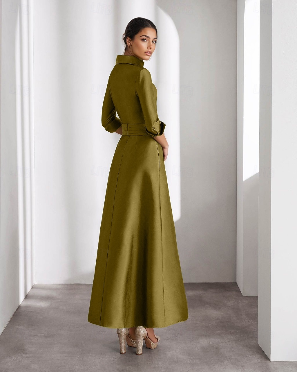 A-linje Ankellengde Skjortekjole Festkjole Cocktail Kjole Kjole til brudens mor Langermet Skjortekrage Elegant Bryllup Formell Taft med Plissert Spalte 2026 - $157.99 –P2