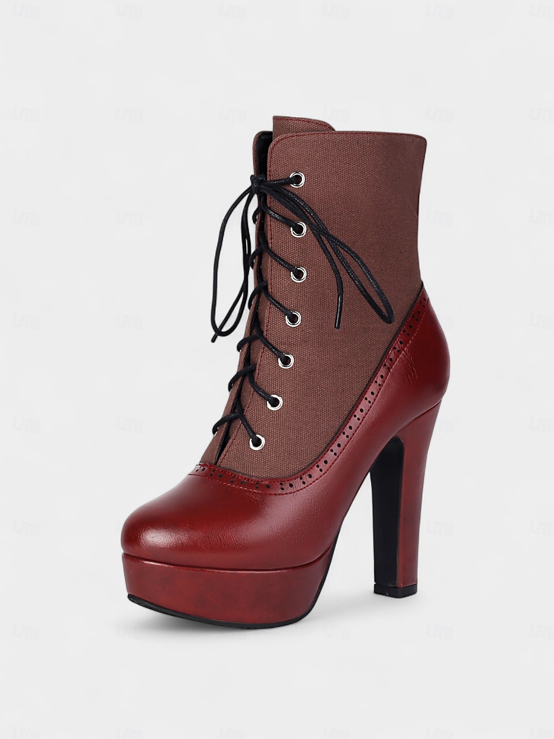 Botas femininas de salto alto com cadarço cor de vinho – botinhas plataforma estilo brogue vintage com painel de lona para festa e moda de outono de 2025 por $59.99 –P2