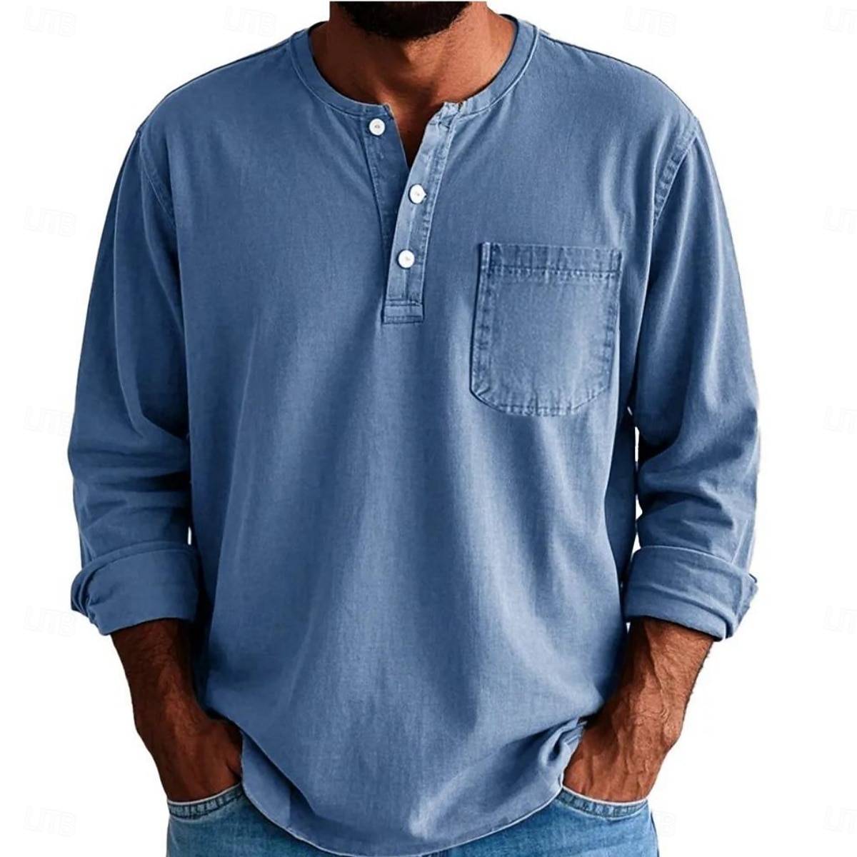 2026年 男性用 ヘンリーシャツ Tシャツ コットン100% アシッドウォッシュシャツ ヘンリートップ 長袖 純色 平織り ヴィンテージ ファッション レトロ風 色褪せた ボタン ヘンリー カジュアル 日常 アウトドア 夏 春 オールシーズン ブルー ダークレッド ブラック ヘンリーTシャツ  コレクション – $31.99 –P2