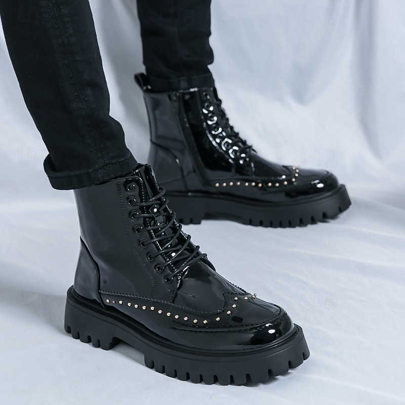 Bottes montantes punk en cuir verni PU pour homme | Détails cloutés et semelle épaisse pour un style urbain de 2025 ? $54.99 –P3
