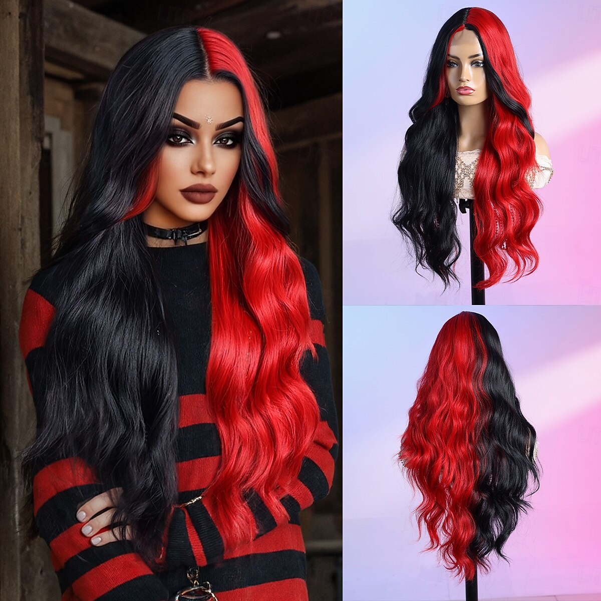 Peruca sintética Ondulado Estilo 28 polegada Multi Cores Parte do meio Parte U Peruca Mulheres Peruca Preto / Vermelho de 2026 por $40.99 –P1