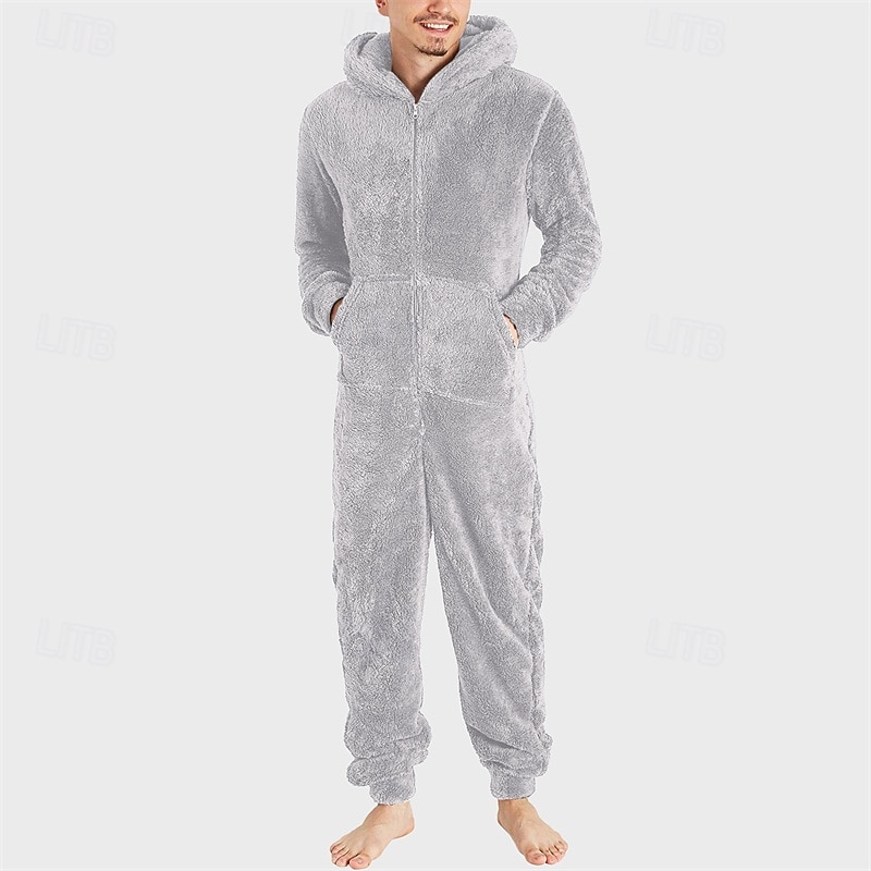 Men's Loungewear Bodysuits Sleepwear 1 PC Plain Warm Fashion Stylish Home Daily Bed Sherpa Polar Fleece Thermal Warm Comfort Soft Hoodie Long Sleeve Pocket Fall Winter Light Pink Black 2026 - $46.99 –P4