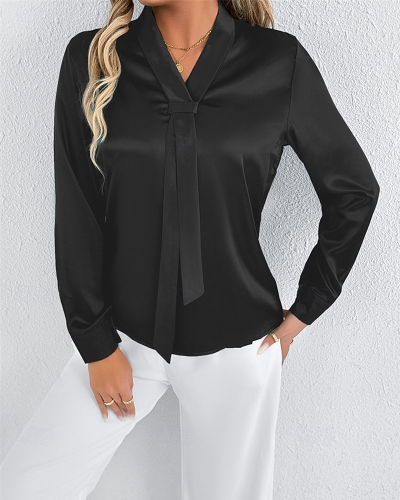 Per donna Camicia Camicia in raso Tinta unica Elegante Casual Manica Lunga Scollo a V Top Regolari Quotidiano Uscire Nodo frontale Nero Bianco Primavera Autunno del 2025 a $18.99 –P10