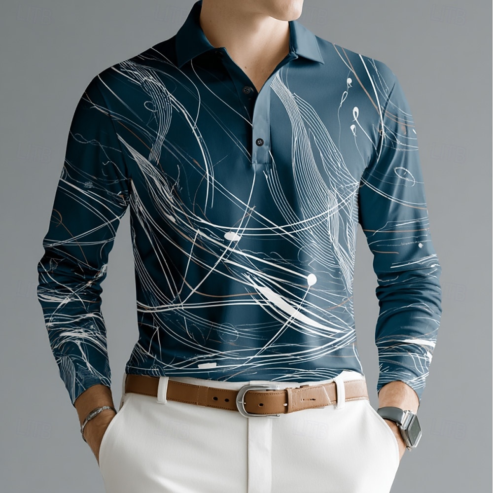 Men's Geometic Line Polo Long Sleeve Polo Shirts Lapel Business Casual Outdoor Athleisure Daily Wear 3D Print Buttons Spring Fall Winter Blue 1 Blue 2# Blue 2026 - $22.99 –P2