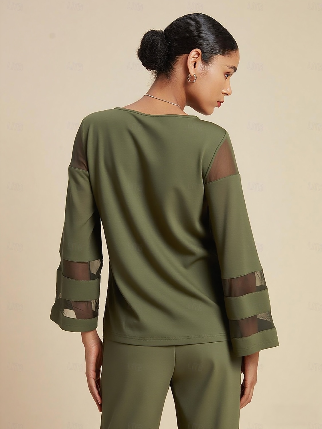 Damen-Army-Grün Tencel Roma Mesh-Ärmel Patchwork Rundhalsausschnitt Acht Ärmel kurze Bluse 2025 - $61.99 –P2