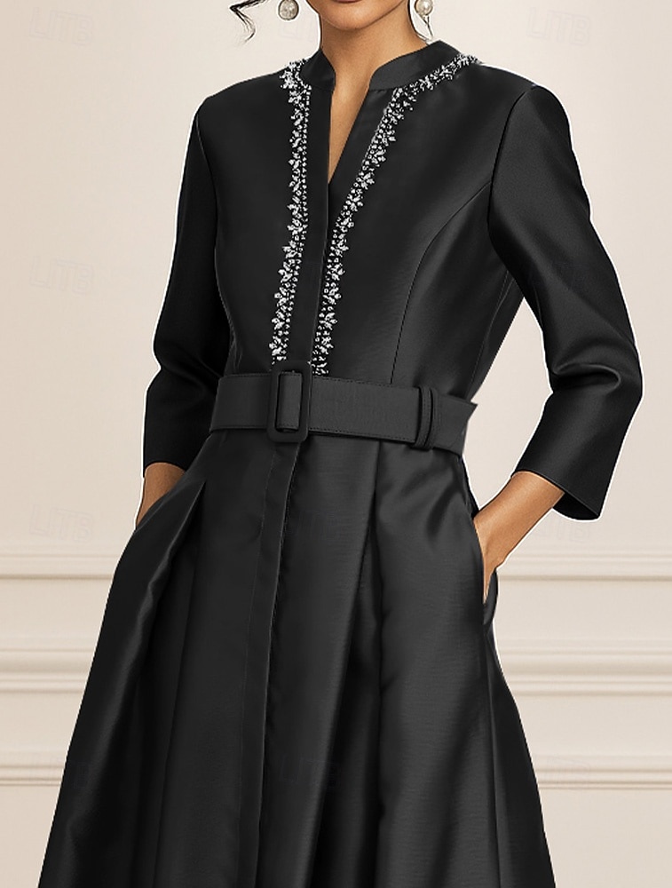 Black A-Line Evening Gown Elegant Formal Dress Formal Wedding Floor Length 3/4 Length Sleeve V Neck Stretch Satin with Crystals 2025 2025 - $164.99 –P2