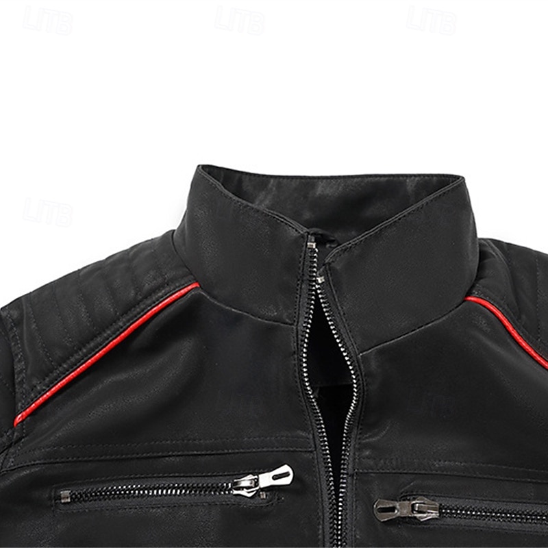Men's Faux Leather Jacket Fleece Jacket Biker Jacket Motorcycle Jacket Vacation Daily Windproof Warm Patchwork Pocket Fall Winter Stripes Fashion Classic Stand Collar Regular Black Jacket 2026 - $82.99 –P6