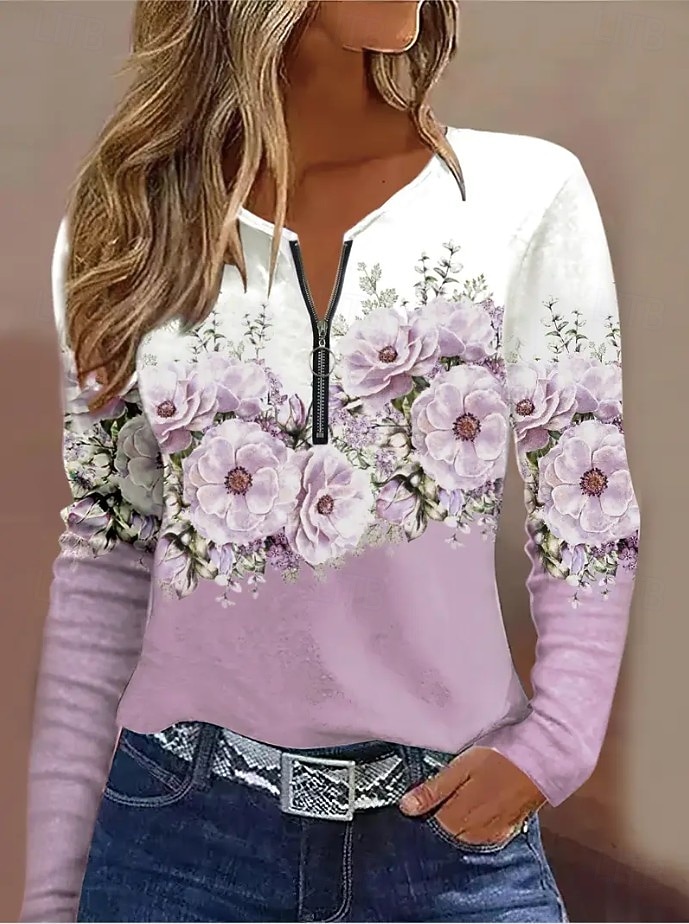 Женская футболка с короткой молнией на груди длинный рукав повседневная графическая tribal винтажная бохо тропическая гавайская V-образный вырез обычные топы для повседневной носки черная весна осень 2026 - $25.99 –P4