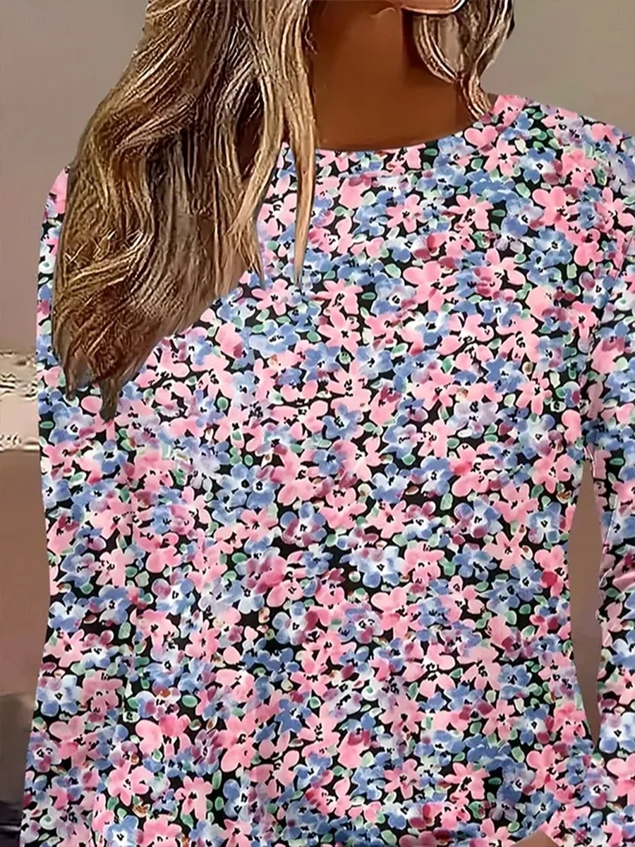 Per donna Maglietta Stampato Ombre Floreale Grafico Vintage Elegante Classico Manica Lunga Girocollo Top Regolari Quotidiano Blu Rosa Primavera Autunno Inverno del 2026 a $24.99 –P2